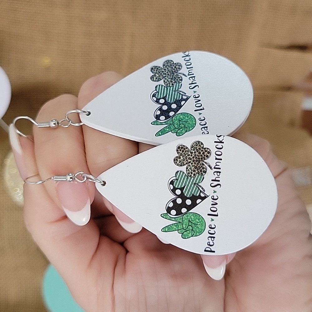 Peace Love Shamrocks Teardrop Earrings 16$